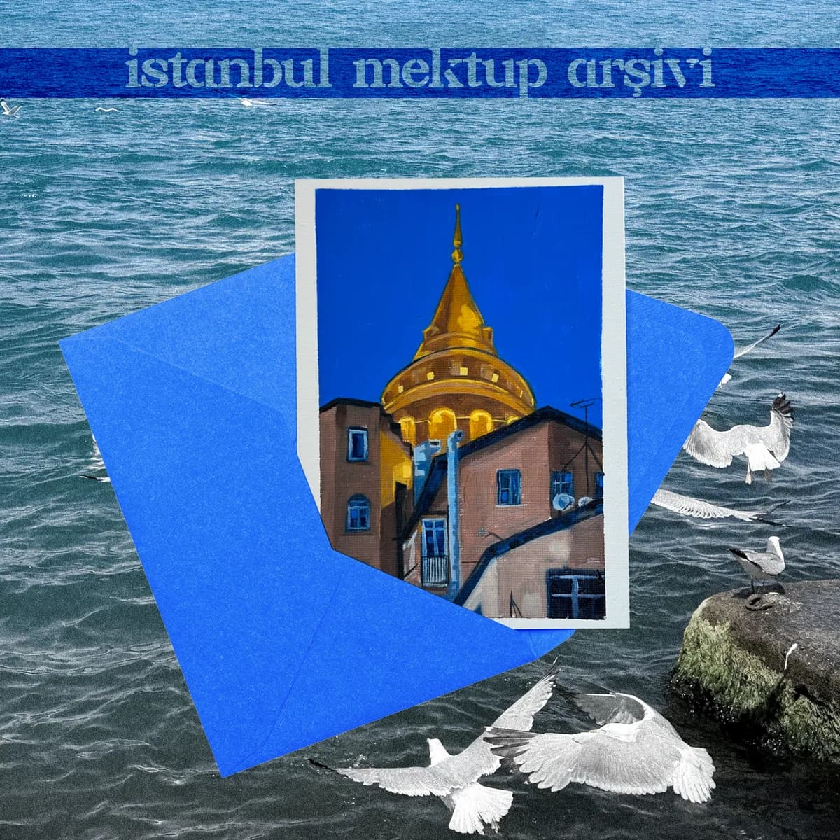 Mavi bir zarfın içinden çıkan Galata Kulesi tablosu